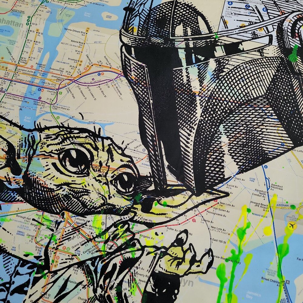 Handpainted Star Wars Mandalorian & Grogu on NYC Subway Map Fathers Day Gift - Picture 4 of 5